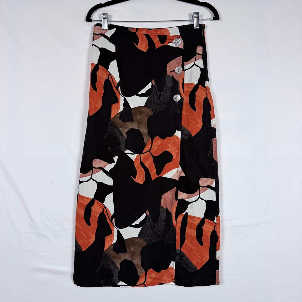 H&M Linen Blend Midi Pencil Faux Wrap Skirt 2 Floral Artsy Maximalist Dopamine